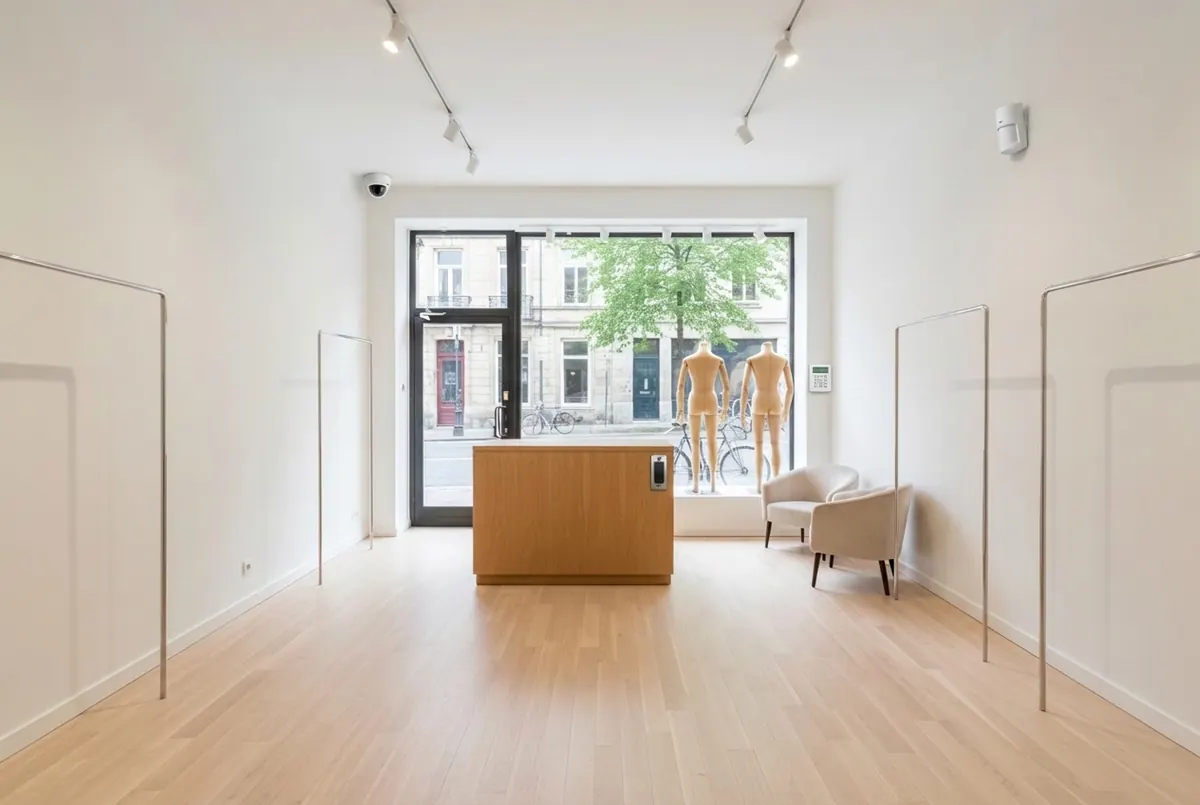 Boutique après installation : caméra, clavier d'alarme, détecteur et lecteur de badge