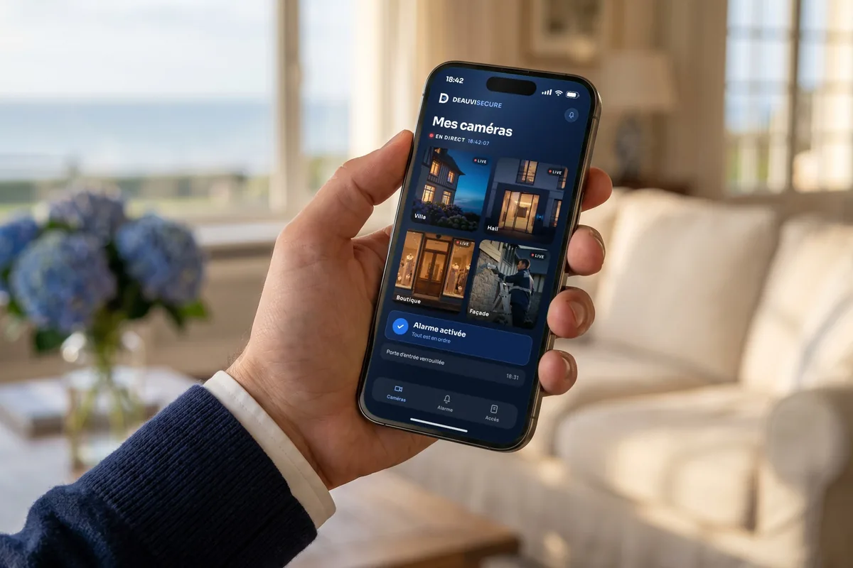 Application DEAUVISECURE sur smartphone : caméras en direct et alarme activée