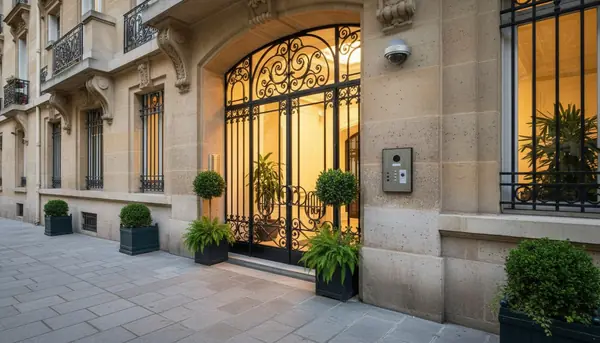 Entrée de résidence avec interphone et lecteur de badge