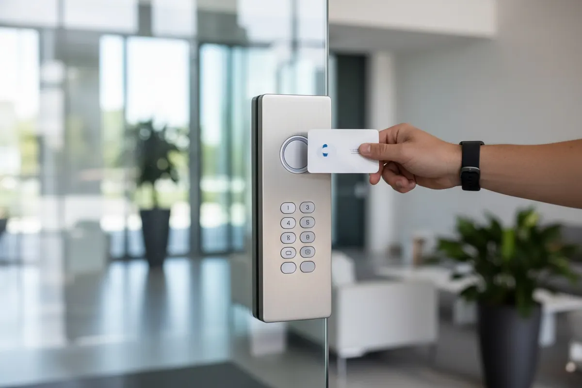 Lecteur de badge et digicode à l'entrée d'un immeuble