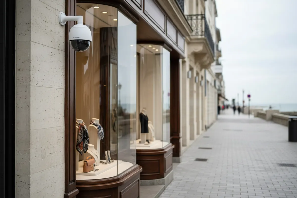 Caméra dôme installée sur la façade d'une boutique du front de mer